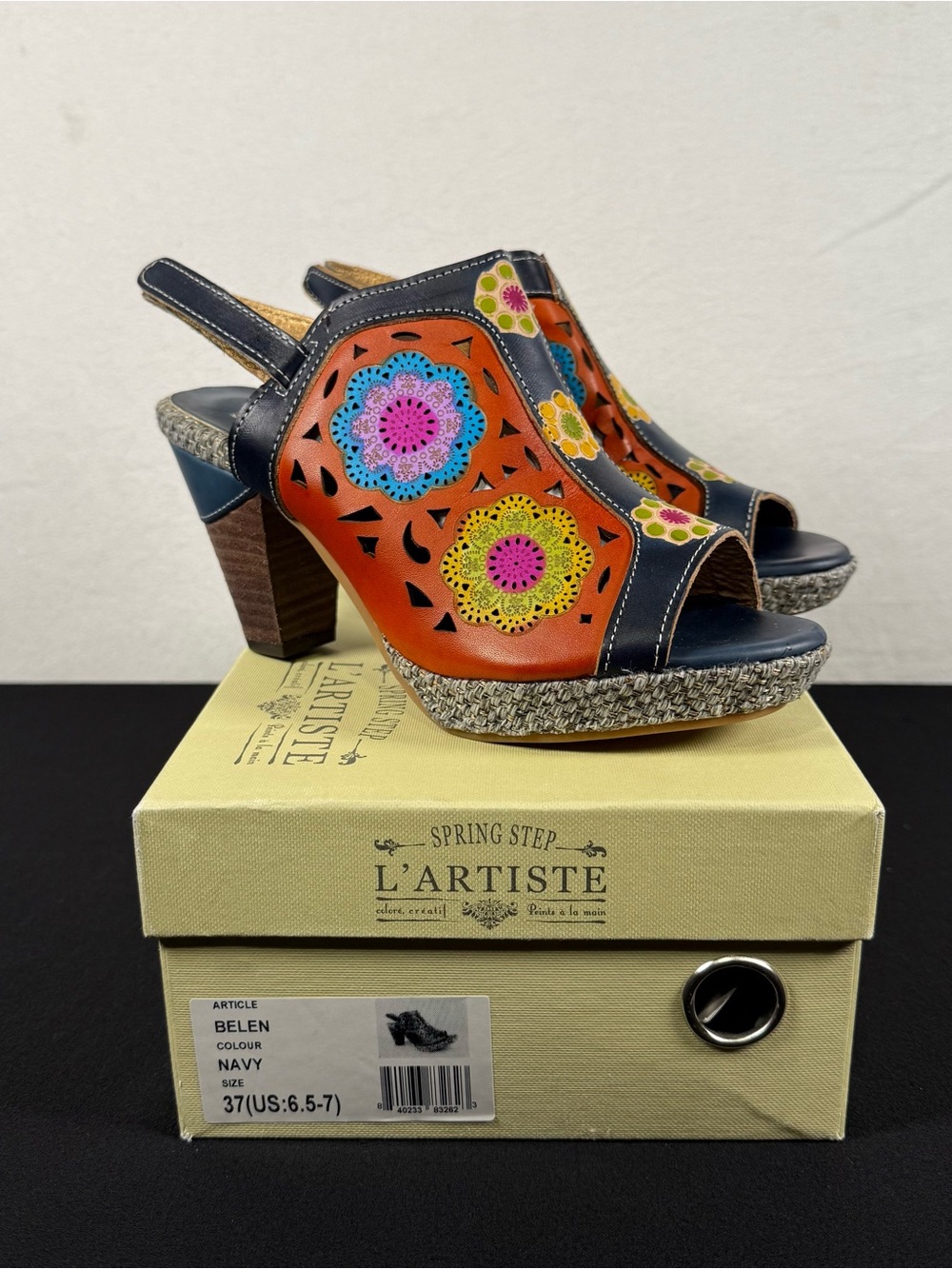Spring Step L'Artiste Belen Navy Multi Color Leather Platform Sandal NIB Size 37